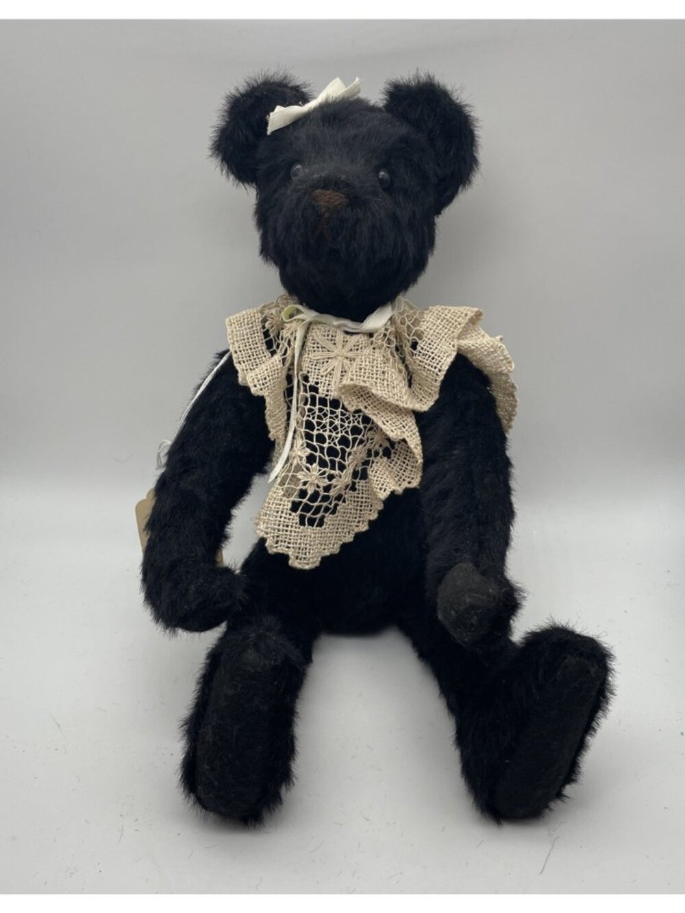 Vintage Artist Dorothys Bears Black Jointed Mohair Teddy Bear 14” Lace Collar